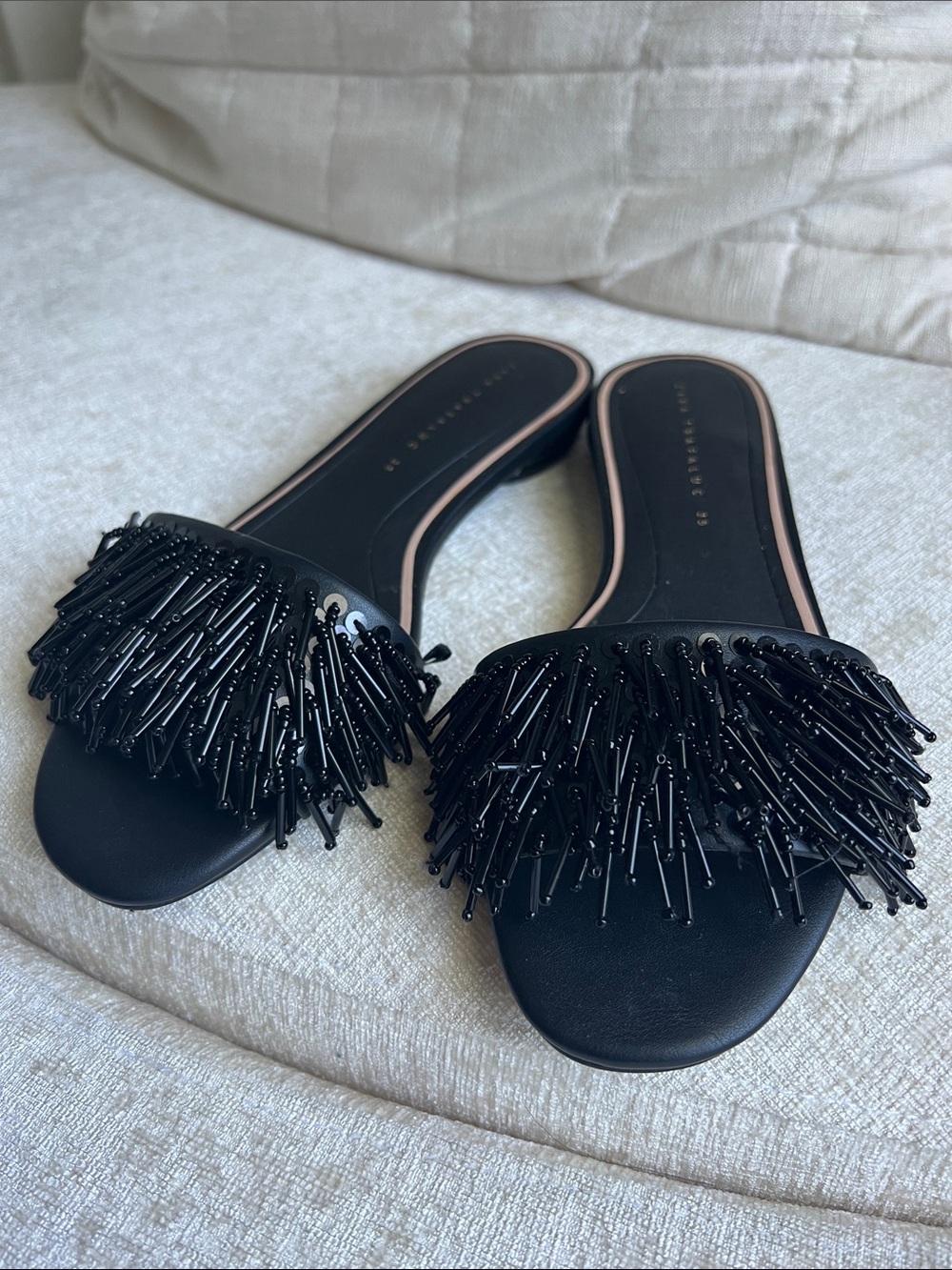 Zara Black Beaded Fringe Slide Mules